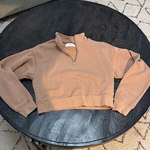TNA Cropped Quarter-Zip Sweatshirt in Light Brown